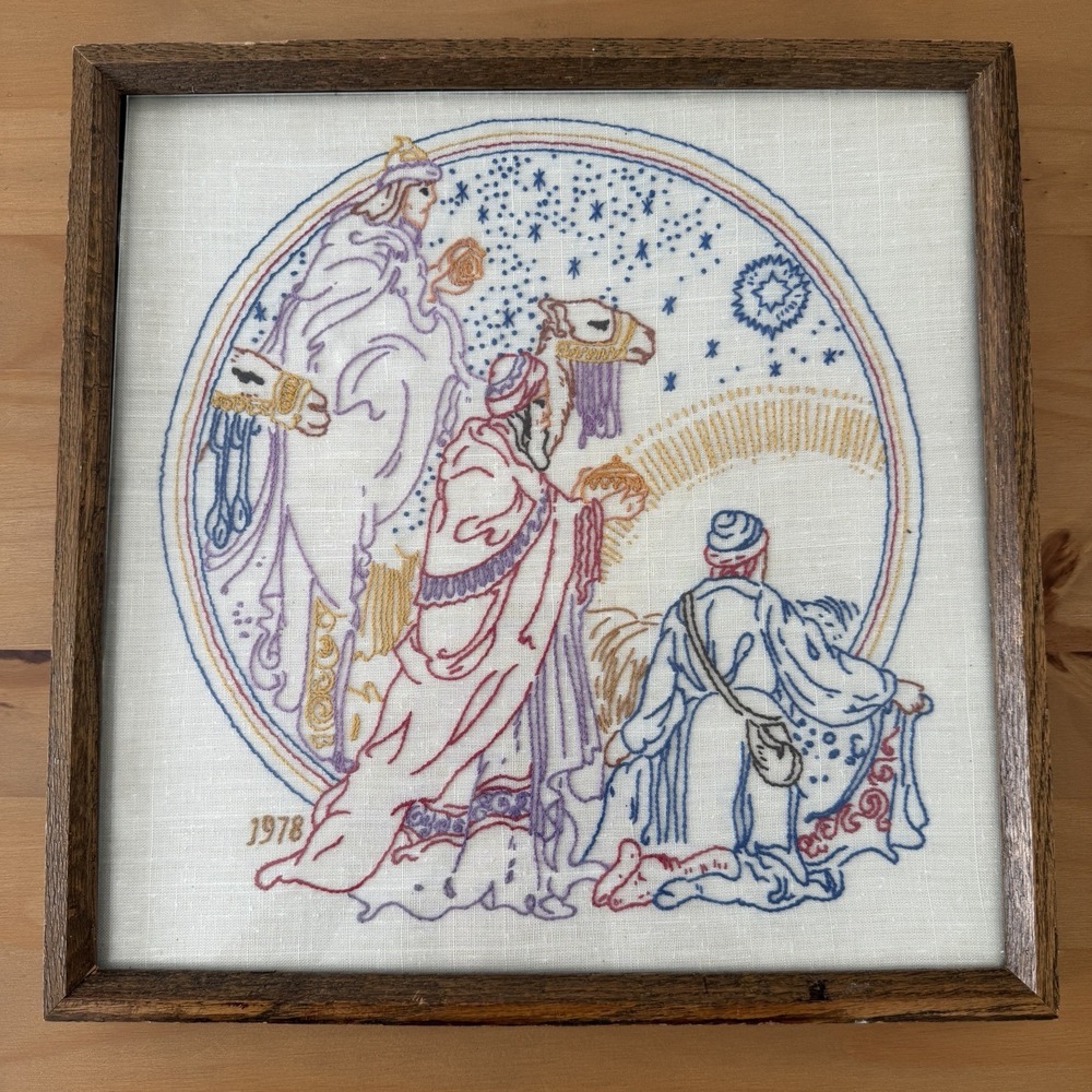 Vtg 70s Embroidery Needlepoint Framed Completed Christmas Wise Men Camels Magi